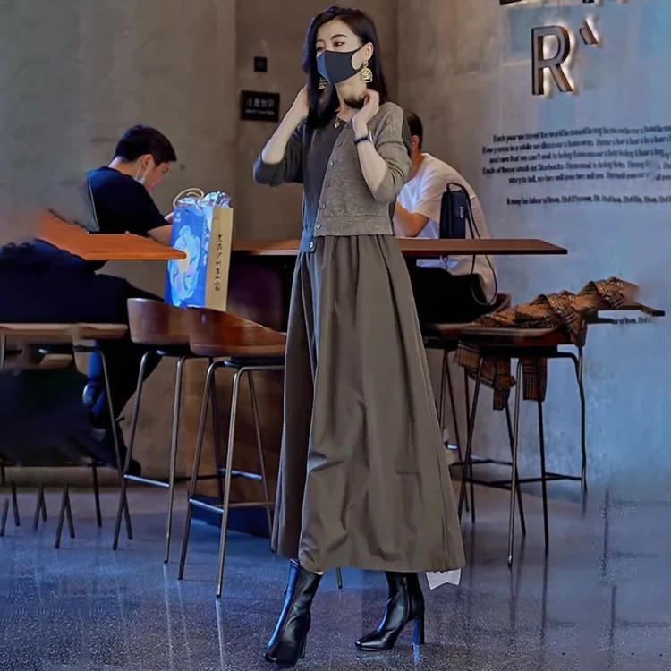 【限時活動 貨到付款】針織假兩件連衣裙，上身減齡顯氣質！